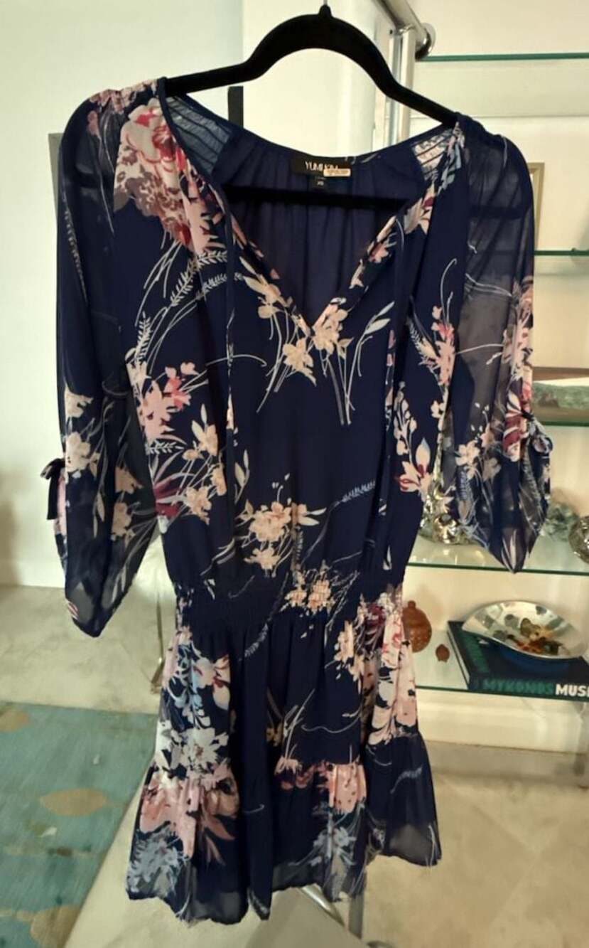 Yumi Kim Stefee Floral Mini Dress with 3/4 Sheer Tie-Sleeve, Ruffle Hem and Smoc